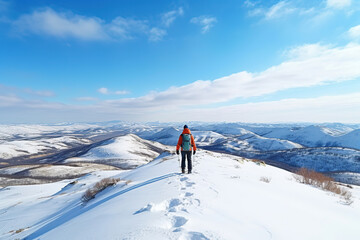 Winter hike on snowy mountain young cheerful happy hiker climbs the top. natural landscape. Winter journey.