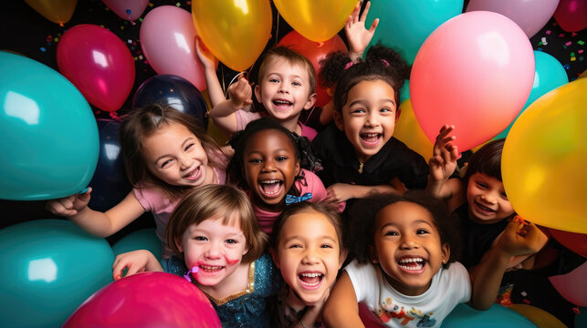 Generative AI, cheerful children of different nationalities at a holiday, birthday party, balloons, friends, kids, congratulations, joyful emotions, diversity, playroom, kindergarten, toddler, gifts