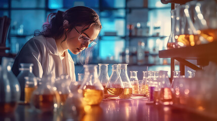 Portrait of woman working in a science lab looking at liquid in glass containers. A scientist in a white medical coat in a chemistry lab.  - obrazy, fototapety, plakaty