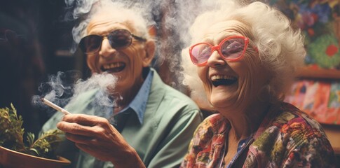 An older woman smoking a cigarette next to an older man, AI