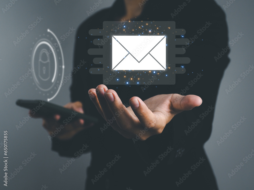 Poster email, businessman showing electronic mail that is accessed through a smartphone that is secure in m