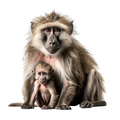Fototapeta premium front view of baboon animal with baby isolated on a white transparent background.
