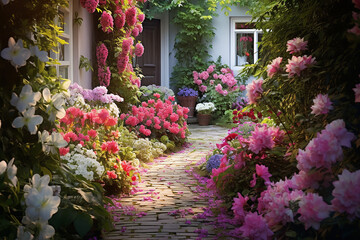 Fototapeta na wymiar Beautiful green garden with flowers. 