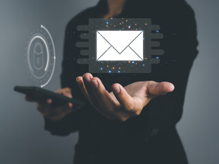 Email, businessman showing electronic mail that is accessed through a smartphone that is secure in...