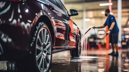 Someone washes a car with a sponge and detergent - obrazy, fototapety, plakaty