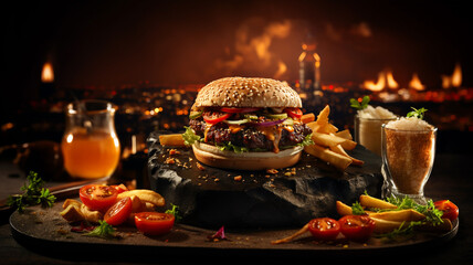 Fototapeta premium Incredible hamburger with bread and sesame, meat, salad, tomatoes, onion and sauces, accompanied by french fries