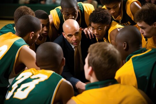 In a basketball court's huddle, a coach imparts wisdom to his team during a timeout.