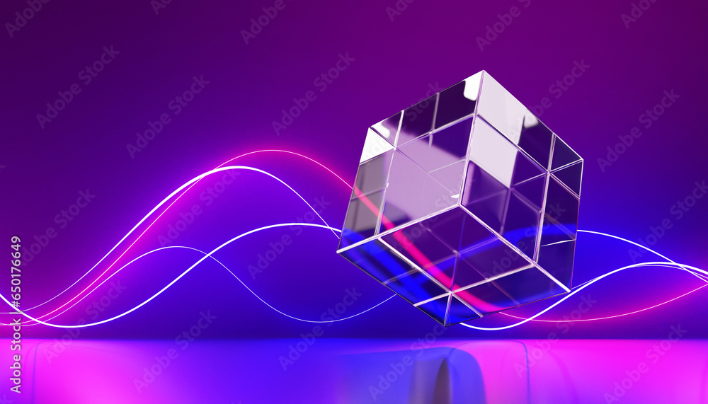 Poster glass cube with neon glow wave lines in speed motion 3d render. futuristic room with flying transpar