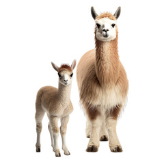 front view of llama animal with baby isolated on a white transparent background.