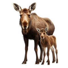 front view of moose animal with baby isolated on a white transparent background.