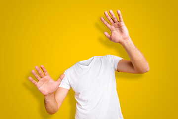 Creative poster collage of palms hands yellow background white t-shirt headless faceless invisible...