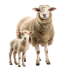 front view of sheep animal with baby isolated on a white transparent background.