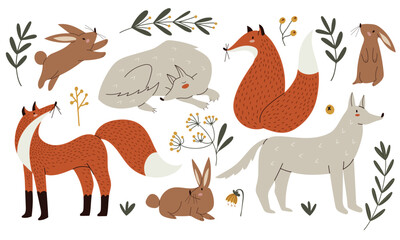 Set with cute Scandinavian style wild forest animals, rabbits, foxes, wolfs. Hand drawn vector illustration in flat design