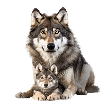 front view of wolf animal with baby isolated on a white transparent background.
