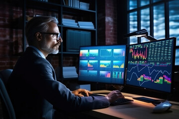 Serious male trader, financial analyst, sales manager, using portable desktop computers in the workplace, managing statistical reports, studying charts on the screen. Conducts research.