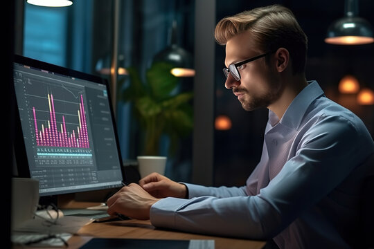 Serious male trader, financial analyst, sales manager, using portable desktop computers in the workplace, managing statistical reports, studying charts on the screen. Conducts research.
