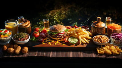 Naklejka premium Incredible hamburger with bread and sesame, meat, salad, tomatoes, onion and sauces, accompanied by french fries