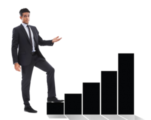 Business man, climbing and corporate ladder with confidence isolated on transparent png background. Worker, growth mindset and graph with mission for achievement or opportunity in career or success