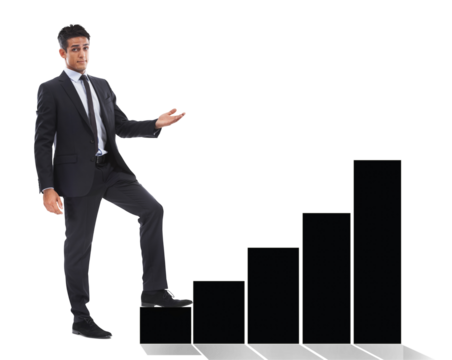 Business man, climbing and corporate ladder with confidence isolated on transparent png background. Worker, growth mindset and graph with mission for achievement or opportunity in career or success