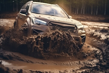 Off-road travel along a dirty forest road. The car is driving through the mud. Cross-country ability tests of modern cars. Car moving to the camera.
