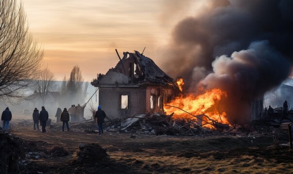 War in Ukraine. Russian bomb destroyed a residential building, killing people. Ruins of house and death - aftermath of war and russian aggression.