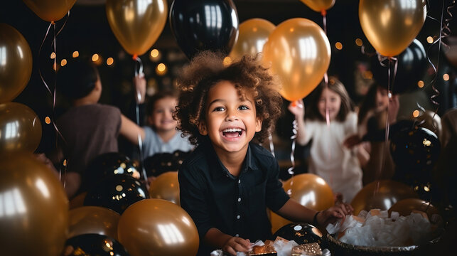 Generative AI, Cheerful Children Of Different Nationalities At A Holiday, Birthday Party, Balloons, Friends, Kids, Congratulations, Joyful Emotions, Diversity, Playroom, Kindergarten, Toddler, Gifts