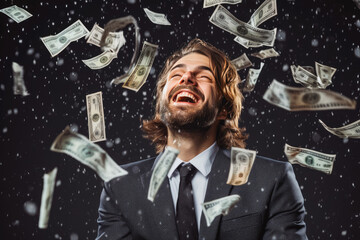 Happy man enjoying the rain of money on white background.