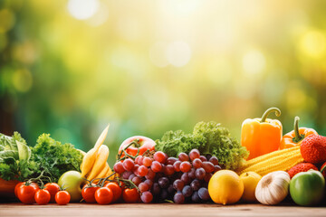 Fruits and vegetables on blurred background. Healthy choice groceries.