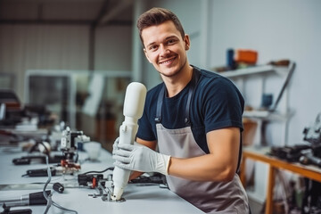 Portrait of young prosthetics technician holding prosthetic leg.