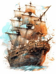 pirate ship navigating Ink style t shirt design for print design
