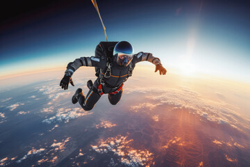 Skydiver with beautiful view in background. - obrazy, fototapety, plakaty