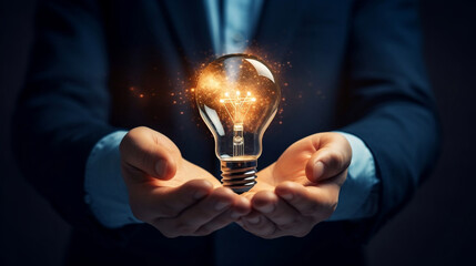 Glowing light bulb in businessman hands, brainstorming new ideas with creativity and save energy concept background.