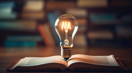 Glowing light bulb on a book, power of knowledge, wisdom from reading and learning concept. - obrazy, fototapety, plakaty