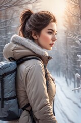 Fototapeta premium close up view of young woman with backpack walking on trail winter day. A girl in winter clothes in national park. Young female walks along snow-covered path. Healthy lifestyle in the fresh air.