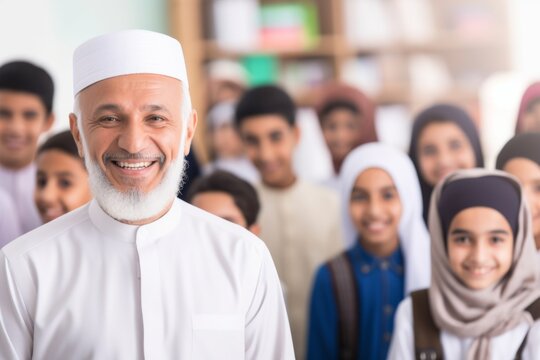 Happy cheerful elderly male man Arabic Muslim teacher coach professor smiling together group student kids schoolchildren pupils education activities. College class lesson study emotions care happiness