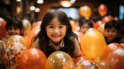 Fototapeta premium Generative AI, cheerful children of different nationalities at a holiday, birthday party, balloons, friends, kids, congratulations, joyful emotions, diversity, playroom, kindergarten, toddler, gifts