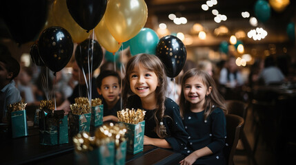 Obraz na płótnie Canvas Generative AI, cheerful children of different nationalities at a holiday, birthday party, balloons, friends, kids, congratulations, joyful emotions, diversity, playroom, kindergarten, toddler, gifts