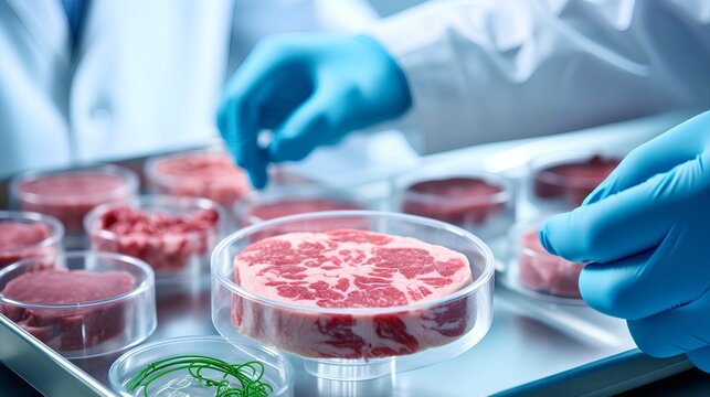 A detailed image of a laboratory setting where cultured meat is being grown in a petri dish. The image showcases the future of food technology, with a focus on sustainable and ethical meat production.