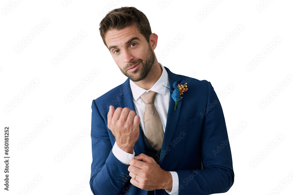 Poster man, face and wedding suit or smile while getting ready in studio isolated on png transparent backgr
