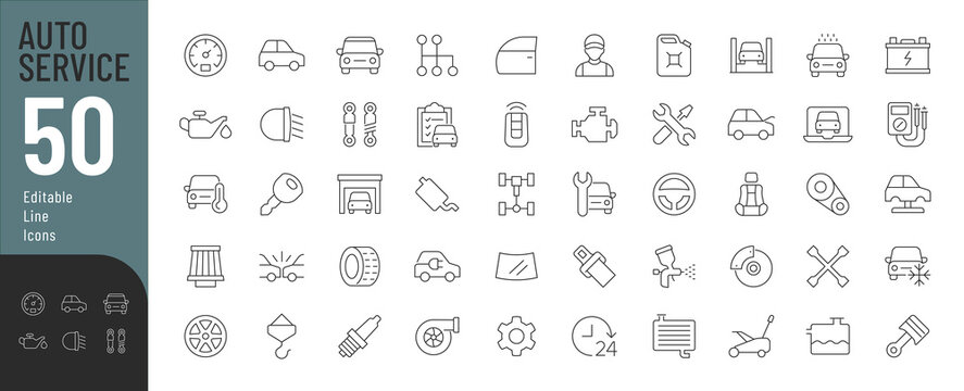 Auto Service Line Editable Icons Set. Vector Illustration In Modern Thin Line Style Of Car Repair Related Symbols: Bodywork, Repair, Engine, Diagnostic, Car Parts, And More. Isolated On White