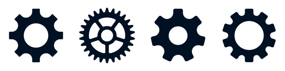 Gear wheel icons. Cogwheel collection. Black simple gears signs on white background.