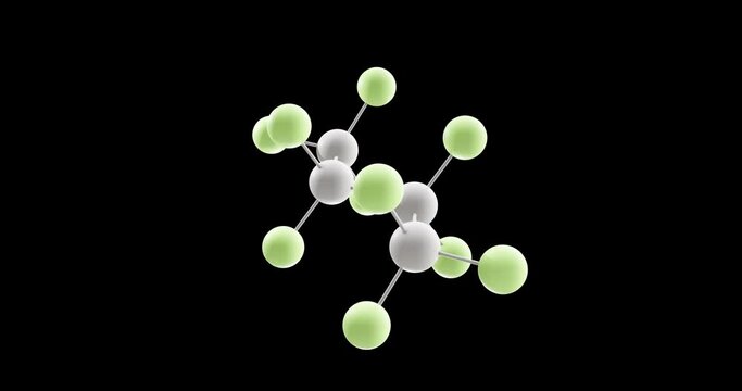 Perfluorobutane molecule, rotating 3D model of simple fluorocarbon, looped video with alpha channel