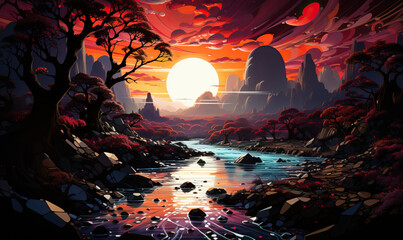 Obraz premium Colorful picture of a river flowing in a fantasy forest.