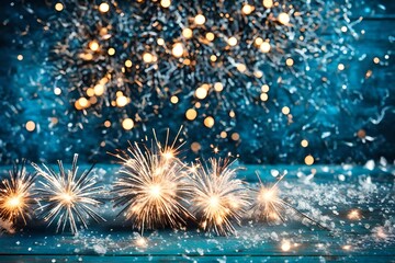 Silvester / New year background banner panorama - Sparklers, firework, bokeh lights and ice crystals on blue rustic wooden board wall texture, with space for text
