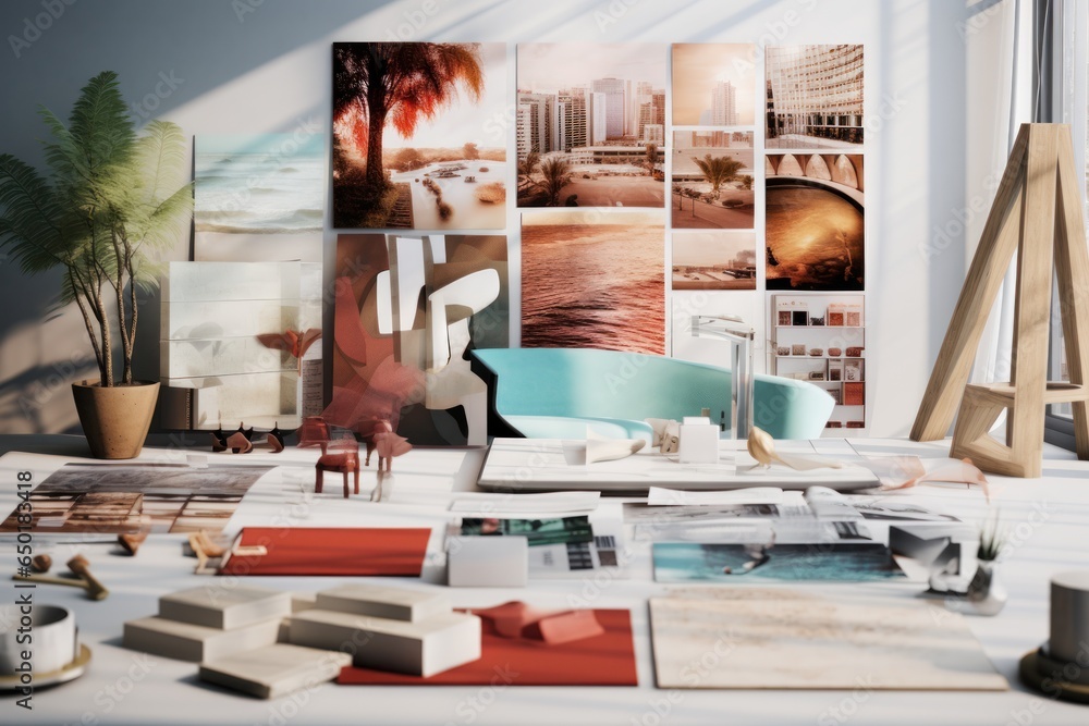 Poster a desk with a chair and various pictures hanging on the wall. this image can be used to depict a wor