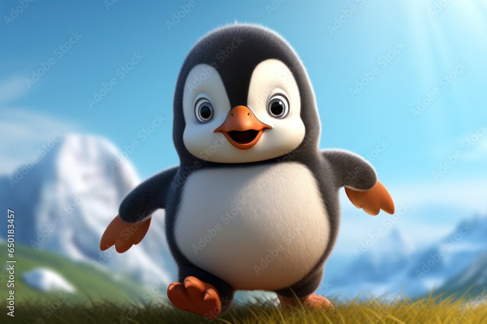 Poster a cute cartoon penguin standing in the grass. this image can be used for various purposes, such as c