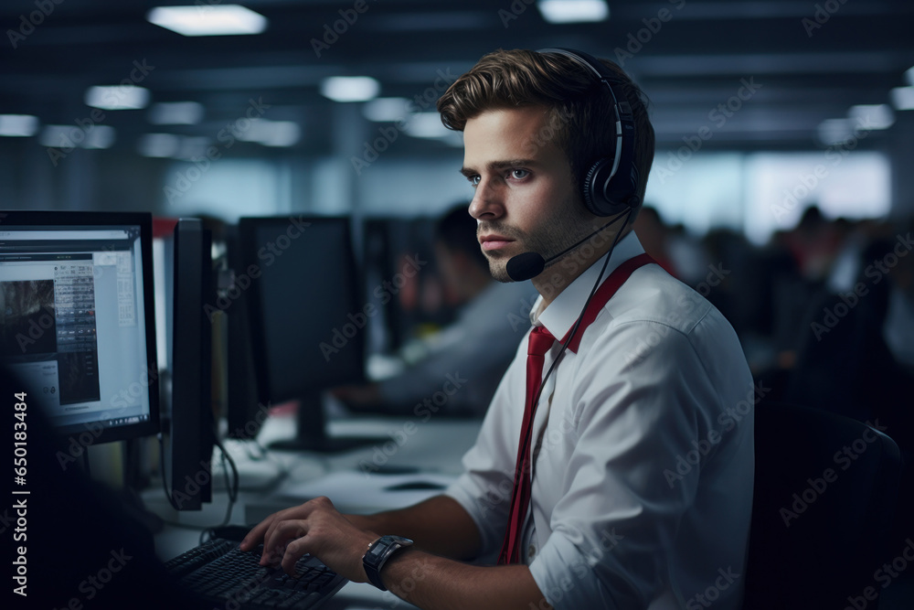 Poster a man wearing a headset sitting at a computer. this image can be used for various purposes, such as 