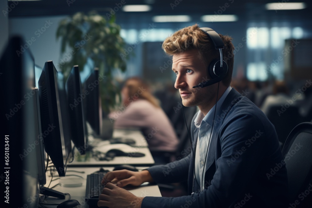 Poster A man wearing a headset sits in front of a computer, focused on his work. This image can be used to depict professional communication or customer service in a modern office setting.