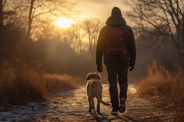 A person is seen walking their dog on a path covered in snow. This image can be used to depict winter walks, pet ownership, and outdoor activities in cold weather. - Powered by Adobe