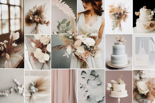A collage of photos featuring a woman holding a wedding cake. This versatile image can be used to represent wedding celebrations, cake cutting ceremonies, and dessert options for special occasions.